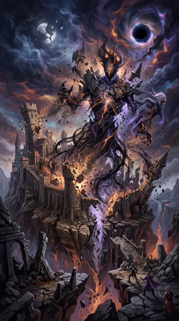 Entropy iPhone wallpaper: a colossal shadowy, cracking void-entity erupts from a shattered floating castle beneath a swirling black hole, molten fissures and tiny figures on broken cliffs.