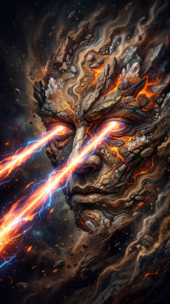 iPhone wallpaper of a molten stone face with glowing magma veins firing searing laser eyes across a cosmic, ash-filled background.