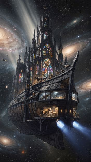 iPhone wallpaper showing a Gothic cathedral-ship with glowing stained-glass windows, animals on its decks and twin thrusters, drifting through a starfield of swirling galaxies.