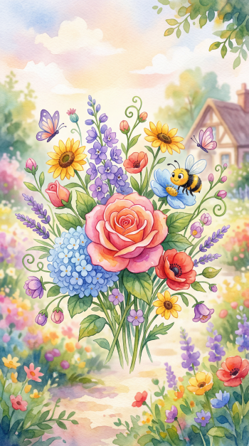 Watercolor Floral iPhone wallpaper: pastel bouquet of roses, sunflowers, hydrangeas and lavender with butterflies, a bumblebee and a cozy cottage path in a dreamy garden.