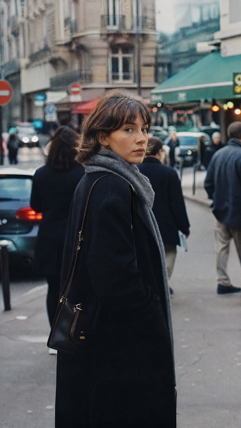 Street photography iPhone wallpaper: a woman in a dark coat and scarf looks back on a busy city street lined with cafés, cars and pedestrians.