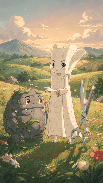 iPhone wallpaper: a paper-girl, a mossy rock creature and oversized scissors embodying rock-paper-scissors in a sunlit, flowered meadow with distant mountains.