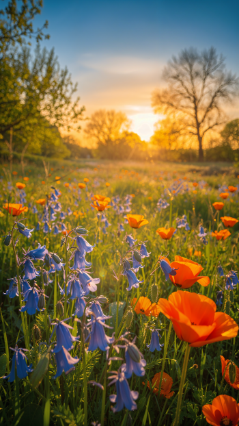 Colorful spring iPhone wallpaper: vertical meadow of orange poppies and bluebells at sunrise, trees on the horizon.