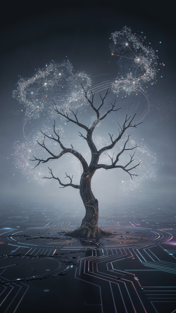 iPhone wallpaper showing a lone dead tree with bare branches rising from glowing digital circuitry, ethereal particle halos drifting through the branches