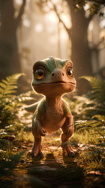 Wide-eyed baby dinosaur standing on a sun-dappled forest path, surrounded by ferns — vertical iPhone wallpaper with warm, cinematic lighting.