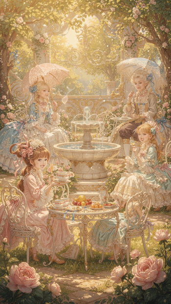 Cute summer iPhone wallpaper: four girls in pastel Victorian dresses share tea around a fountain in a sunlit rose garden.