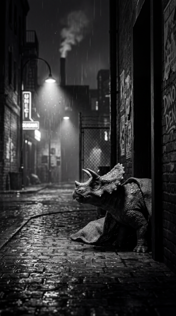 Monochrome iPhone wallpaper of a baby triceratops peeking from a rainy urban alley, lit by street lamps and reflected on wet cobblestones.