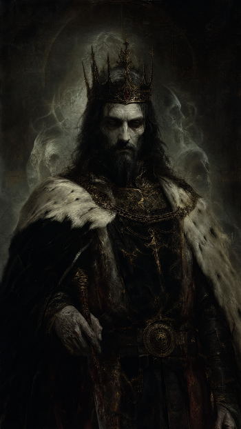 Dark king portrait: crowned ruler in fur mantle and ornate armor, shrouded in smoke on a black background — dark phone/iPhone wallpaper.