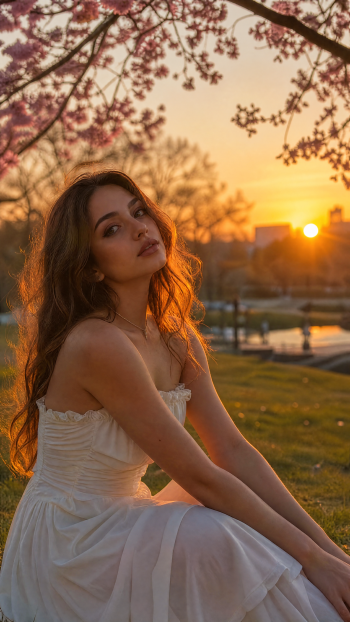 iPhone wallpaper of a young woman in a white dress sitting beneath blooming branches at sunset, bathed in warm golden light with a calm, contemplative expression