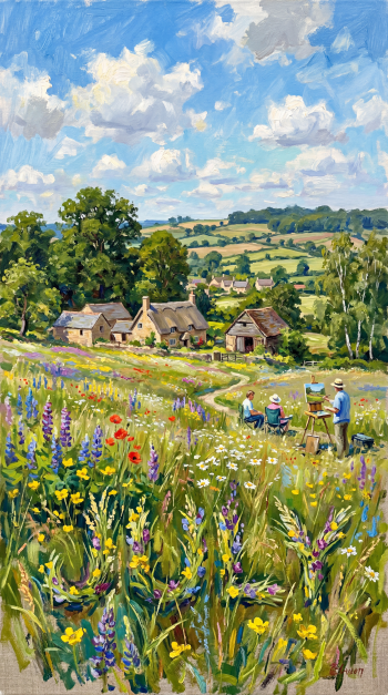iPhone wallpaper, July: sunlit wildflower meadow with artists painting, thatched cottages and rolling green hills under a bright blue sky with fluffy clouds.