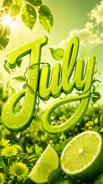 iPhone wallpaper: glossy lime-green July script over sunlit leaves, dewy flowers and sliced limes, evoking bright summer freshness.