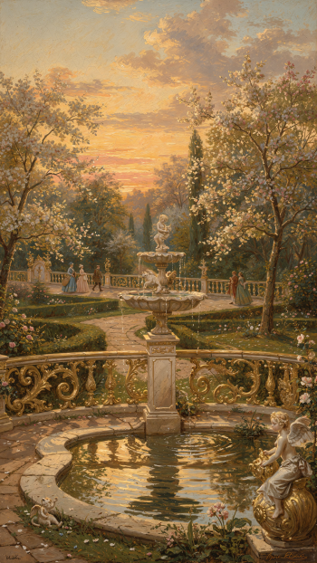 iPhone wallpaper of a spring sunset over a formal garden: flowering trees, ornate fountains and statues, winding paths and tiny figures in warm golden light.