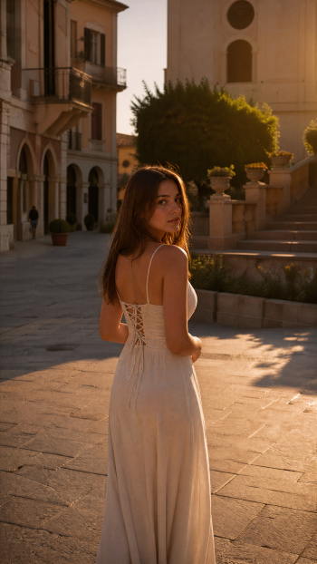 iPhone wallpaper: woman in a flowing white dress looks back over her shoulder in a sunlit town square at golden hour.