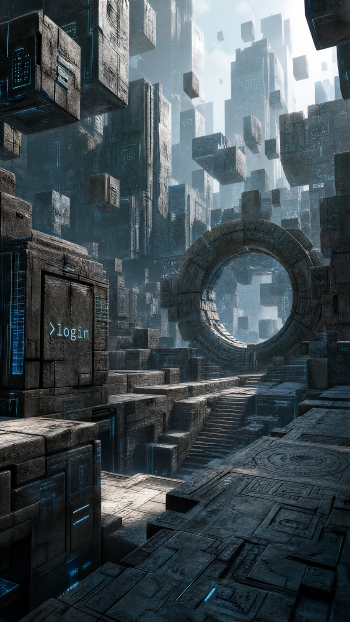 Cyberspace iPhone wallpaper: vertical futuristic stone-city of floating cubes and glowing circuitry, a large circular portal and a block displaying the word login.