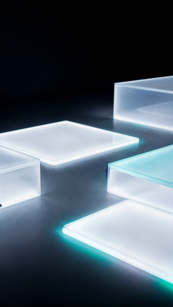 Clean iPhone wallpaper of glowing translucent rectangular glass platforms floating on a dark background, lit by soft white and teal glows.