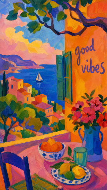 Vibrant iPhone wallpaper: sunlit Mediterranean balcony with open green window, sailboat, colorful coastal houses, table with fruit and flowers, and hand-lettered good vibes.