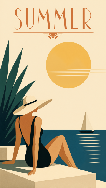 Minimalist summer iPhone wallpaper: a woman in a black swimsuit and wide sunhat sits on a ledge by the sea, large golden sun, sailboat and stylized palm fronds in warm retro tones.