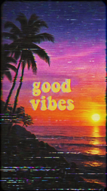 iPhone wallpaper of a retro sunset over the ocean with silhouetted palm trees, VHS-style grain and glitch lines, and bold yellow good vibes text centered.