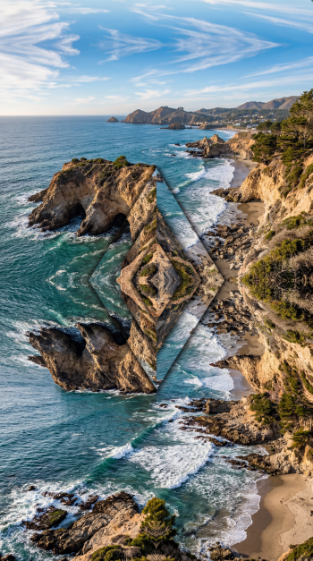 Coastal aesthetic iPhone wallpaper showing vertical aerial view of rocky cliffs, turquoise surf and a mirrored geometric reflection beneath wispy clouds.
