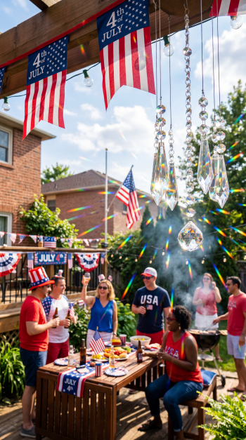 4th of July iPhone wallpaper: backyard barbecue with American flags and bunting, friends around a picnic table, grill smoke and hanging crystal prisms scattering rainbow light.