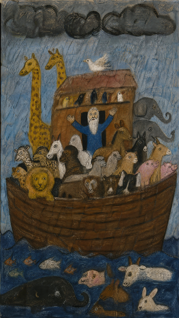 Noah's Ark iPhone wallpaper: folk-art ark afloat in rain with Noah and paired animals—giraffes, elephants, lions, birds—and a dove flying above.