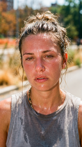 iPhone wallpaper: close-up of a sweaty woman with messy bun, glistening skin and tired expression on a sun-baked street after a heatwave.