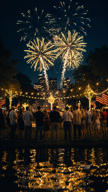 iPhone wallpaper: 4th of July night — crowd by a lit park and pond watches golden fireworks over a city skyline with string lights and American flags.