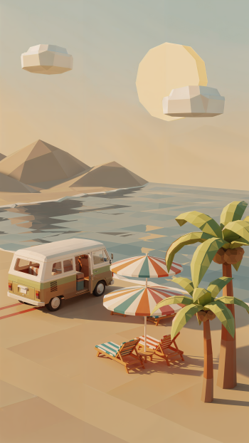Vintage summer iPhone wallpaper — low-poly beach scene with a retro camper van, striped umbrellas and loungers, palm trees, calm sea, distant mountains and a warm pastel sun.