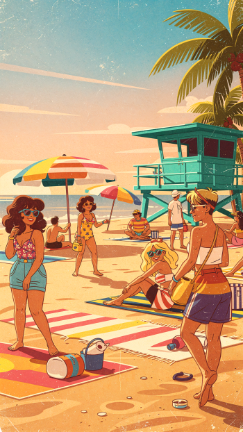 Vintage summer iPhone wallpaper: retro beach scene with sunlit palm trees, teal lifeguard tower, striped umbrellas and people in colorful swimsuits.