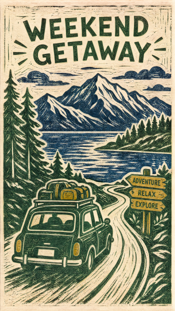 Phone wallpaper: poster-style WEEKEND GETAWAY showing a car with luggage on a winding road toward a mountain lake, flanked by pine trees and a sign reading Adventure · Relax · Explore.