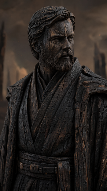 Vertical iPhone wallpaper: moody wood-textured statue portrait of Obi-Wan Kenobi in a dark, stormy landscape, shown in three-quarter view.