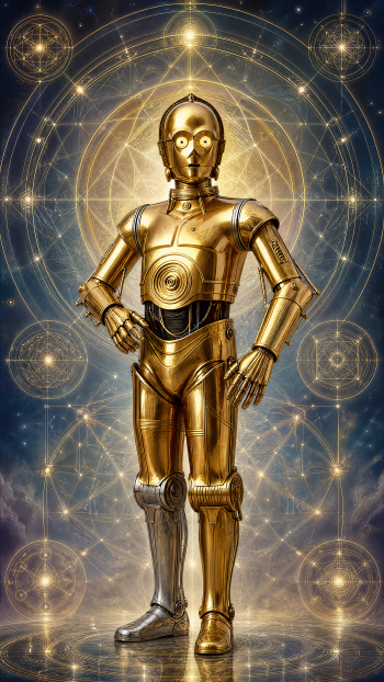 iPhone wallpaper showing golden protocol droid C-3PO standing before a radiant geometric starfield halo.