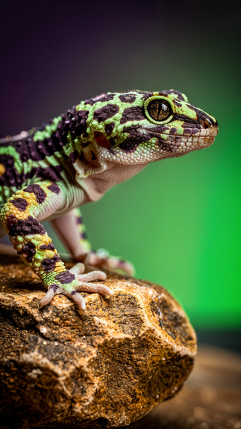 Close-up of a green-and-black leopard gecko perched on a rock against a soft green blurred background, vertical iPhone wallpaper.