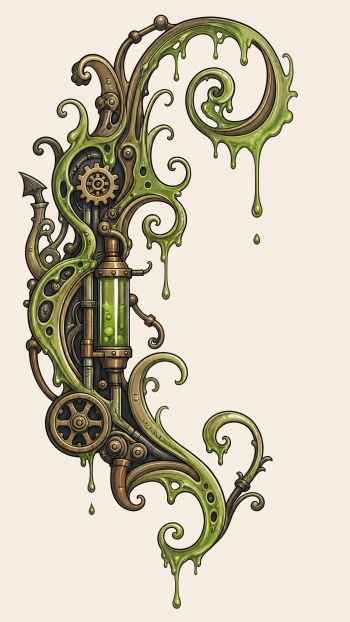 Vertical vector flourish phone wallpaper: steampunk brass gears, pipes and vial of glowing green liquid entwined with dripping organic scrollwork.