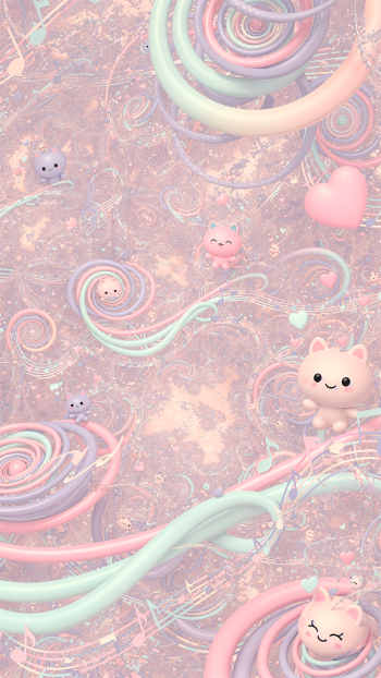 Cutecore phone/iPhone wallpaper with pastel pink, mint and lavender swirls, smiling kawaii cat characters, tiny hearts and candy-like spirals drifting across a dreamy background.