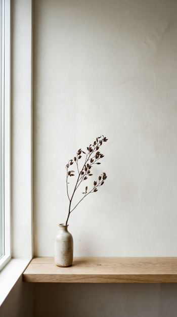 Clean, minimal iPhone wallpaper: a single dried branch in a ceramic vase on a wooden shelf by a bright window against a pale wall.