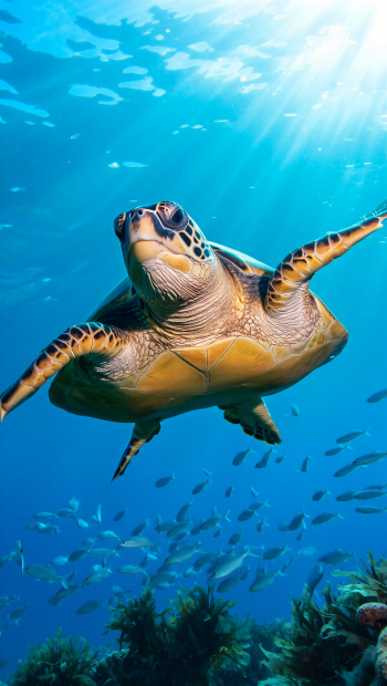 iPhone wallpaper of a green sea turtle gliding through sunlit blue water above coral, surrounded by a school of small fish