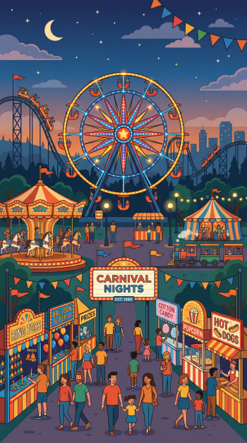 Fair night iPhone wallpaper showing a colorful fair: illuminated Ferris wheel, carousel, roller coaster, food stalls and crowds beneath bunting, stars and a crescent moon.