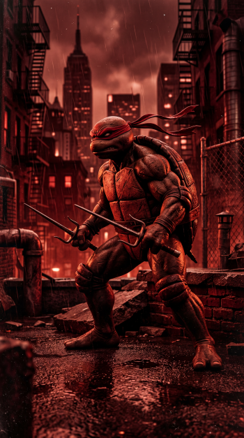iPhone wallpaper showing Raphael (TMNT) on a rain-slick rooftop at night, sais drawn, red-tinged skyline and gritty urban alley.
