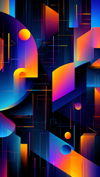 Vibrant abstract iPhone wallpaper of overlapping geometric shapes and neon gradients in blue, purple, pink and orange on a dark grid, with glowing circles and thin linear accents.