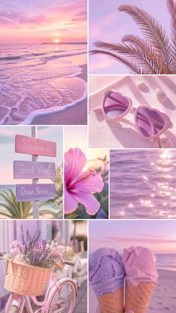Pastel summer iPhone wallpaper collage: pink and lavender beach sunset, palm fronds, sunglasses, hibiscus, ocean sparkles, ice cream cones and a flower-filled bicycle.