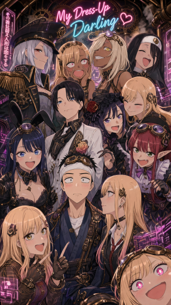 iPhone wallpaper of My Dress-Up Darling: a colorful group portrait of the cast in steampunk-inspired outfits beneath a neon logo, lively expressions and detailed city backdrop.