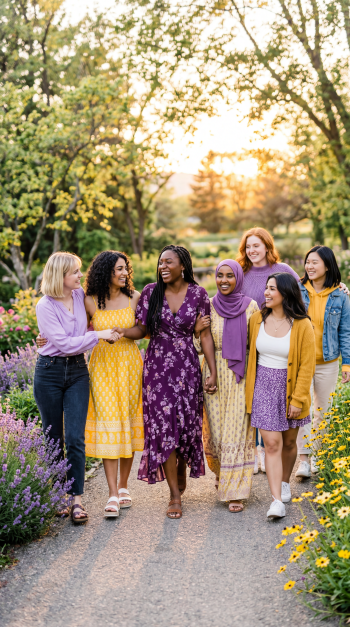 Sisterhood — diverse women walking arm‑in‑arm along a sunlit garden path at golden hour, laughing and smiling; vertical phone/iPhone wallpaper.
