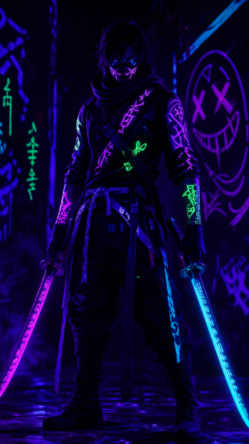 iPhone wallpaper: neon cyberpunk figure wielding dual swords—magenta and cyan—standing in a dark graffiti alley, glowing runes and a masked, shadowed face.