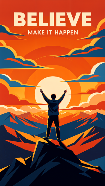 Motivational iPhone wallpaper: silhouette on a mountain peak raising arms to a sunrise beneath bold text BELIEVE MAKE IT HAPPEN, vivid orange and blue sky.