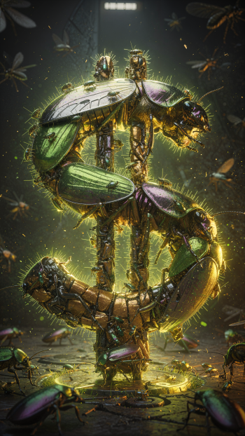 iPhone wallpaper: glowing dollar sign formed from iridescent green beetles and mechanical parts, swarming insects and a moody dark background.