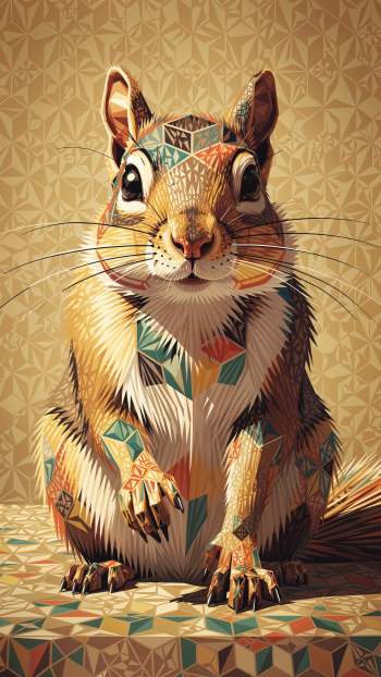 Geometric, colorful chipmunk illustration with warm gold background and triangular patterns, centered and vertical as an iPhone wallpaper.