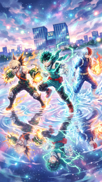 My Hero Academia phone wallpaper: Deku, Bakugo and Todoroki power up—green lightning, explosions and ice/fire—reflected in glowing water beneath a starry, neon-lit city skyline.