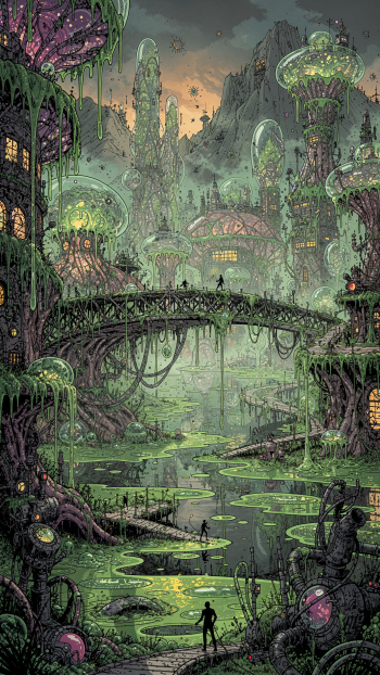 iPhone wallpaper: vertical, bioluminescent overgrown cityscape with glass domes, dripping green slime, arched bridges over glowing canals and small silhouetted figures.