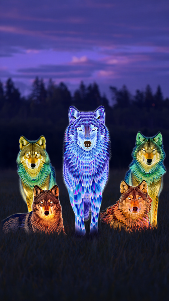 Wolf Pack iPhone wallpaper: five neon-colored stylized wolves in a dark meadow beneath a purple twilight sky, a luminous blue wolf standing center as the pack's leader.